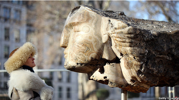 Large stone head sculpture