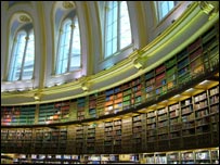 Shelves of books in a large library