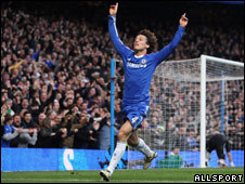 David Luiz celebrates scoring for Chelsea against Manchester City