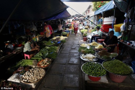 Maeklong Market in Samut Songkhram, Thailand.