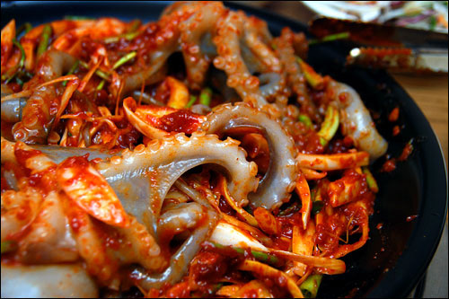 韩国地道美食之墨斗鱼香辣锅:好多的墨鱼仔