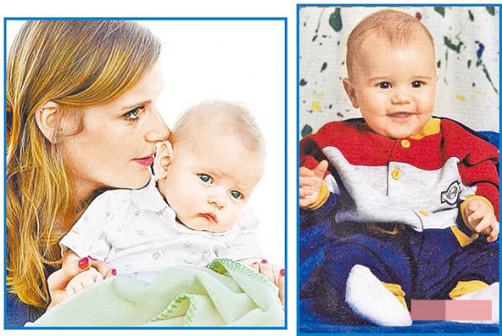玛丽亚抱着四个月大的孩子(图左)与小贾斯汀童年照片(图右)