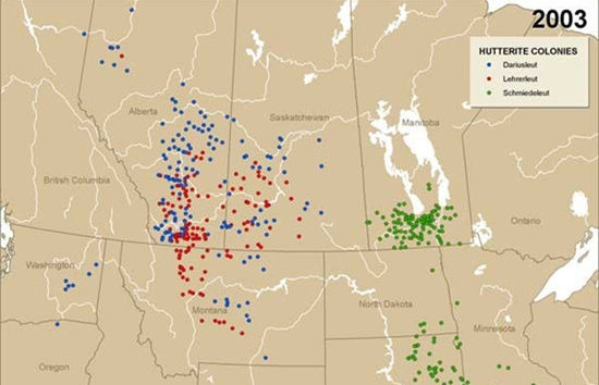 北美胡特尔定居点分布示意图
