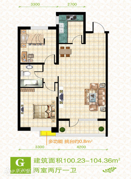 g户型 两室两厅一卫 建筑面积约100.23-104.36平