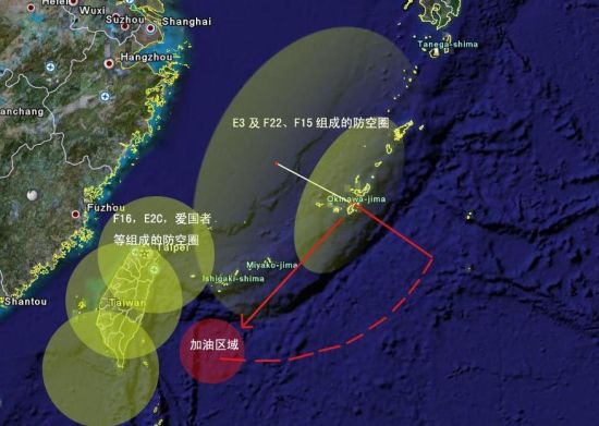 美日在第一岛链对中国的空中态势。
