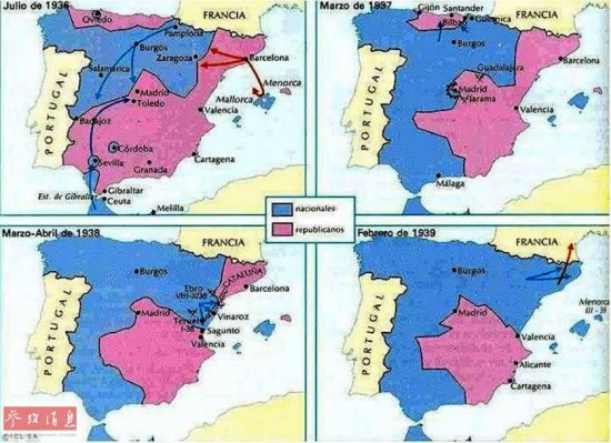 德国,苏联,意大利等国向西班牙内战双方运输武器和输送兵员的路线示意