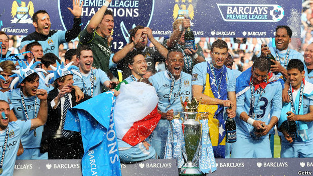 Manchester City celebrate winning the Premier League