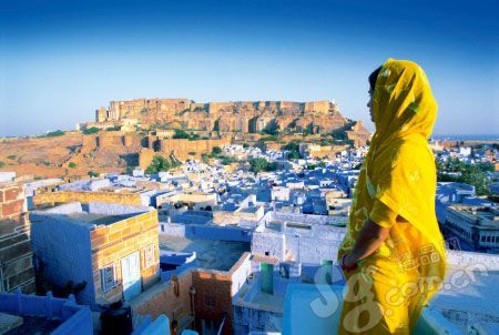 Overlooking the blue city woman in India.