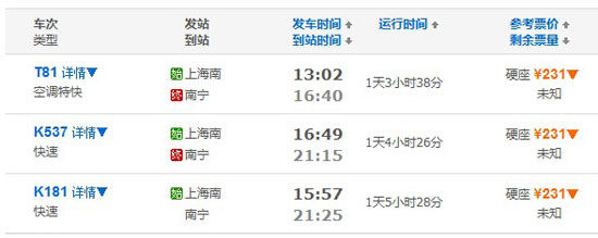 国内部分城市至南宁列车时刻表