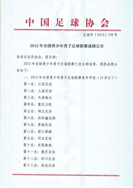 中国足协关于2012全国青少年男子足球联赛成