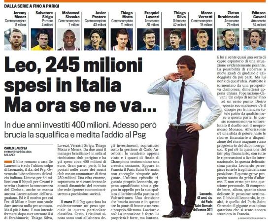 《米兰体育报》：莱昂纳多2.45亿欧元挖角意甲