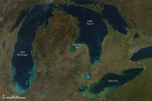 展示了北美洲沉积物和藻类图景覆盖的美国五大湖区的景象