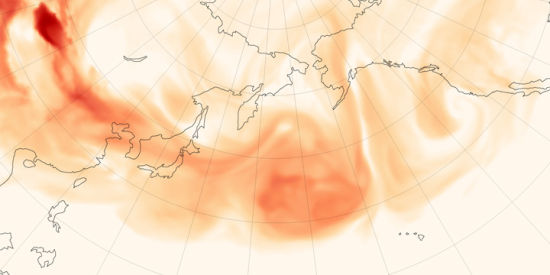 了一组卫星测绘地图,展示了2010年4月间从亚洲进入北美上空的粉尘数量