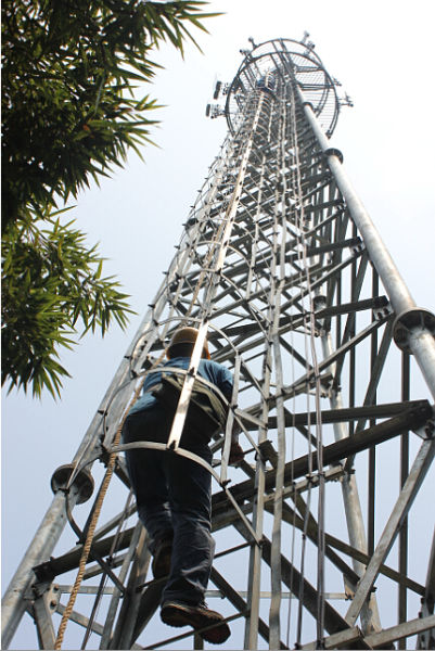 施工人员攀上近40米高的基站铁塔,准备架设4g设备