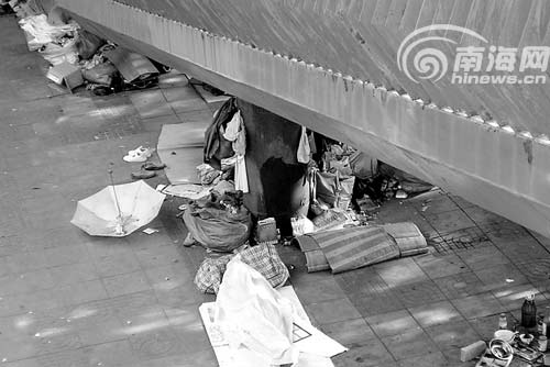 海口彩虹天桥下流浪者蜷缩在被窝里睡觉[图]