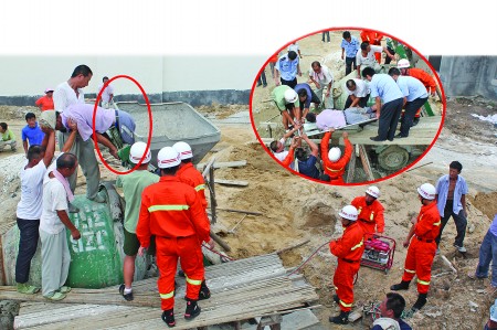 25日上午8时许,济宁市同济路一建筑工地发生安全事故,一建筑工人在对