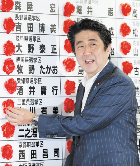 日本首相,自民党总裁安倍晋三(中)将红花贴在该党当选议员的名字上