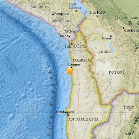 智利西南部海域發生5.5級地震 震源深度34.4公里
