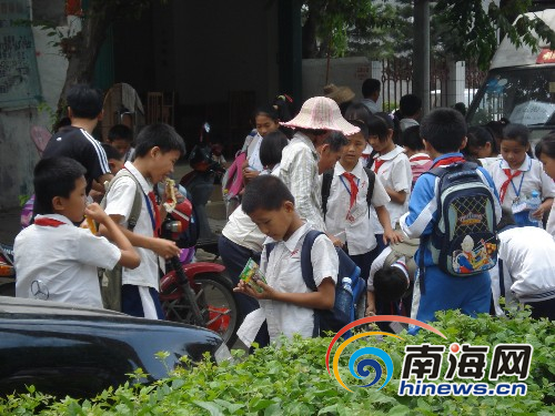 小学生在校门口小贩处购买零食(南海网记者 冯丹摄)