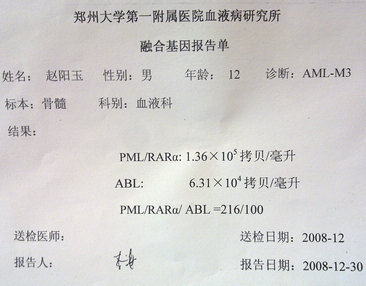 而赵阳玉的骨髓检验结果直到2008年12月30日才出来,此时赵阳玉已经