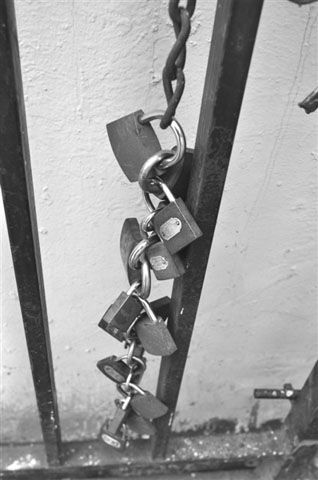 居民为防外来车辆进大院19把锁锁大门(图)