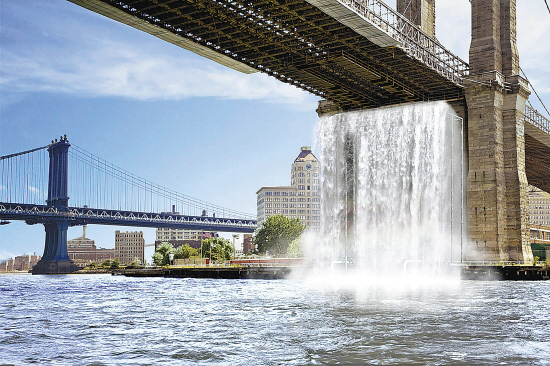 埃利亚松利用巨大水泵在布鲁克林大桥等建筑物上制造4座人工瀑布