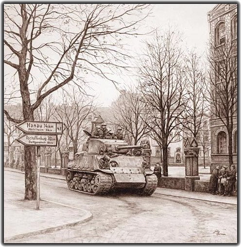 1945年3月:德国的老百姓凝视着m4a3谢尔曼坦克在法兰克福街头驶过.